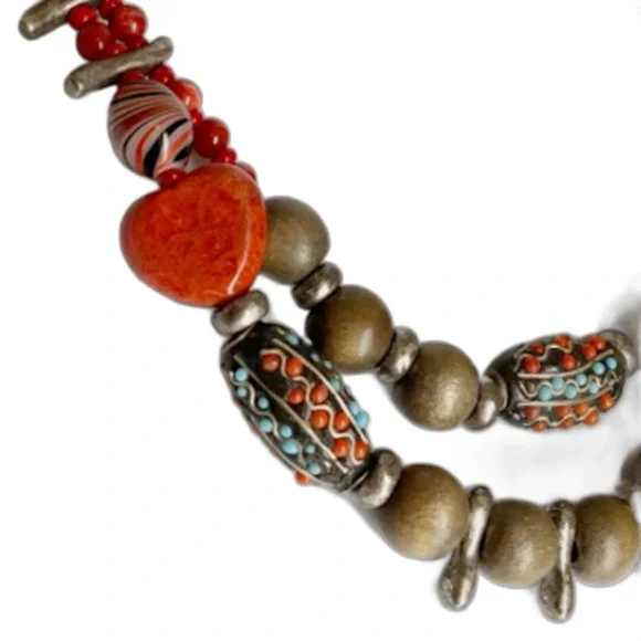 CHICOS Necklace Colorful Beaded Double Strand Tribal Red Brown Silver Vintage - Picture 3 of 11